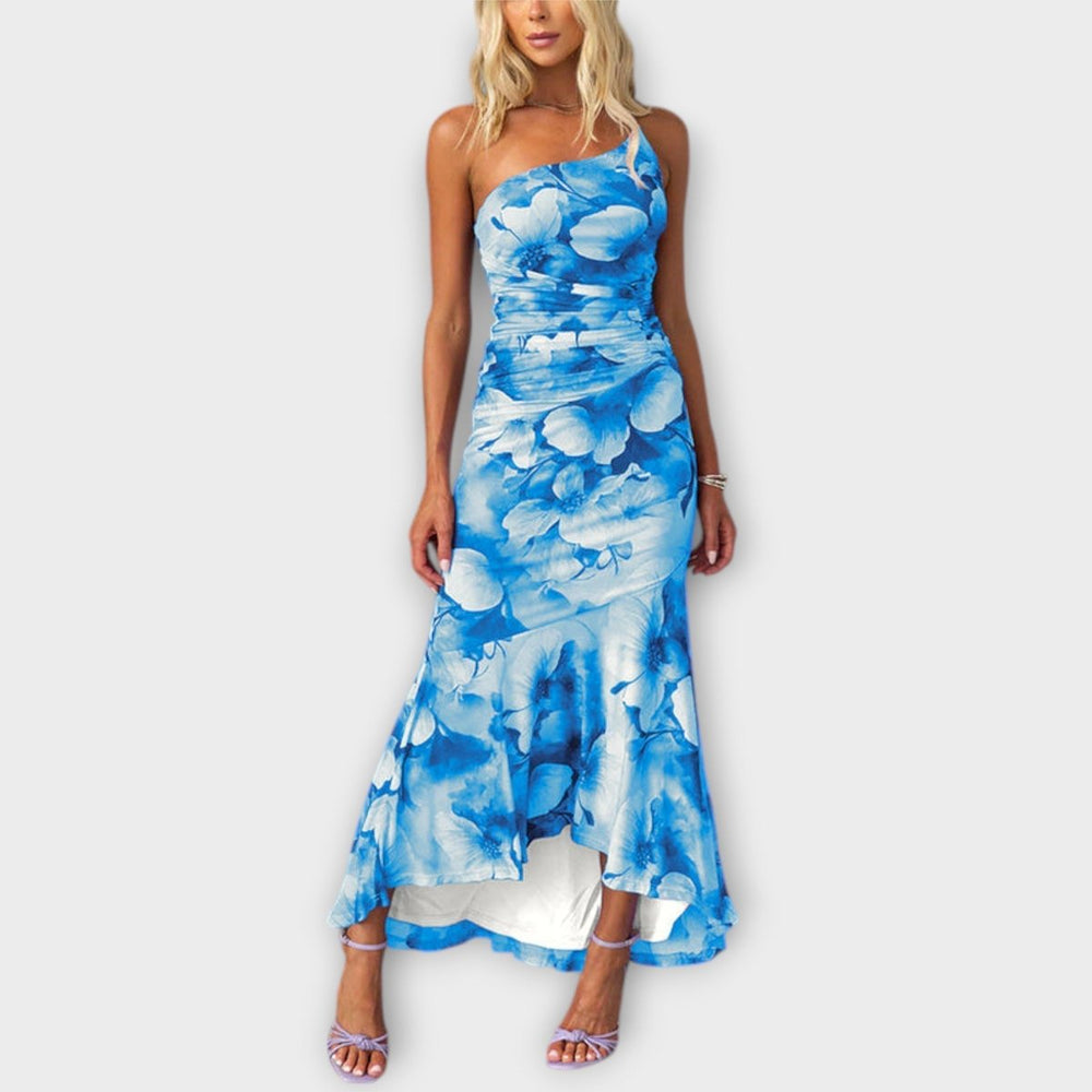 Women's Floral Mesh Asymmetric-Neck Ruched Maxi Dress - Blue
