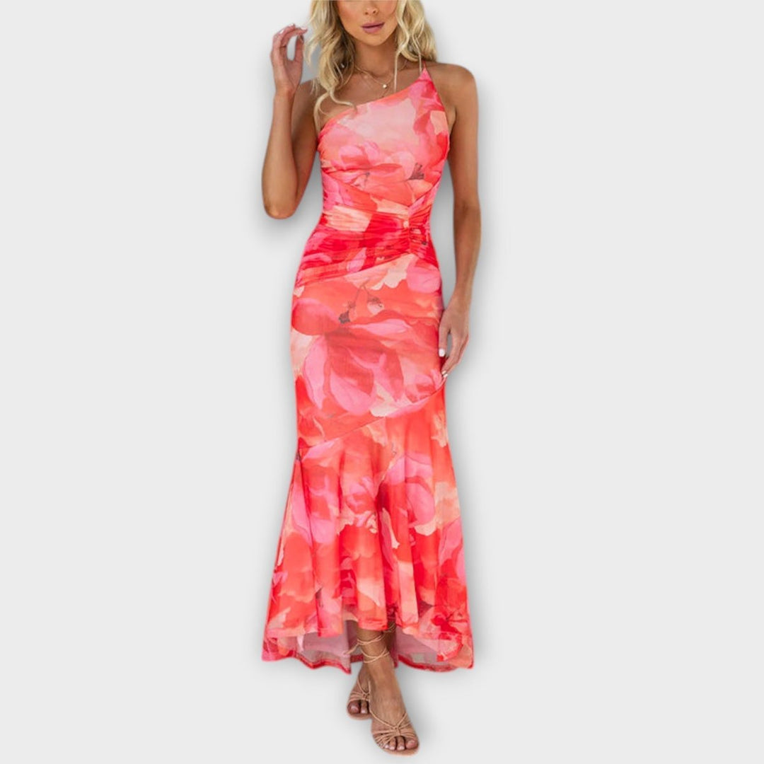 Women's Floral Mesh Asymmetric-Neck Ruched Maxi Dress - Pink