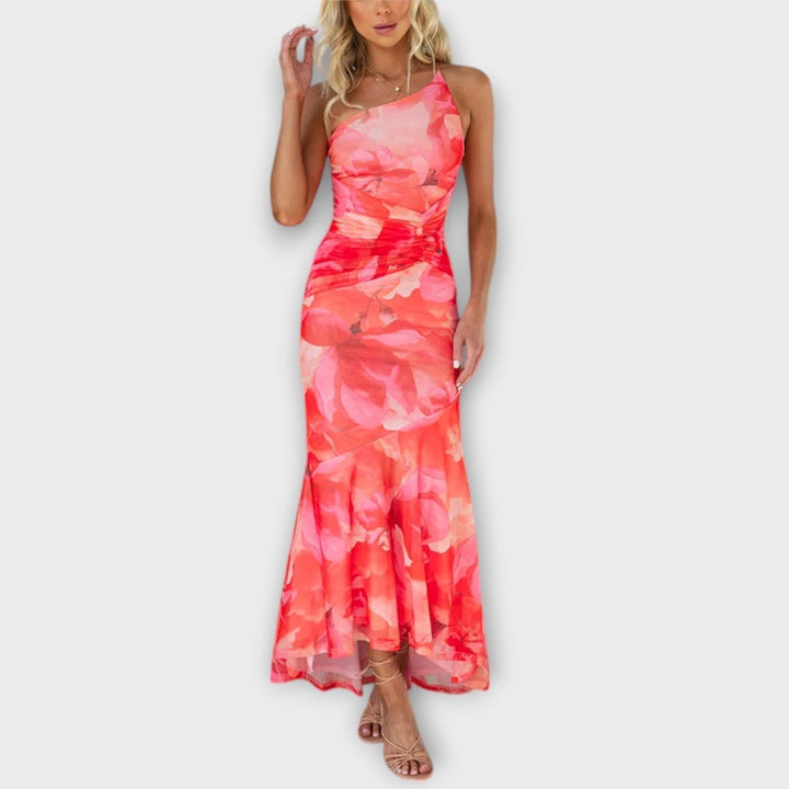 Women's Floral Mesh Asymmetric-Neck Ruched Maxi Dress - Pink