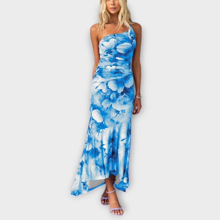 Women's Floral Mesh Asymmetric-Neck Ruched Maxi Dress