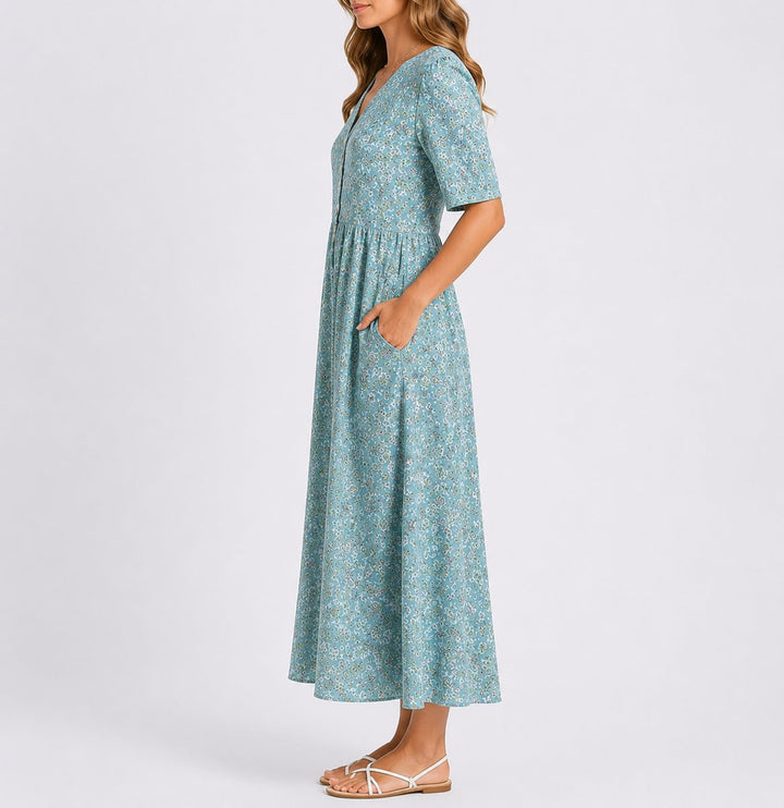 Women's Floral Midi Fall Wedding Guest Dress Gathered Waist