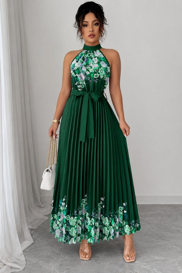 Women's Floral Pleated Halter Evening Gown Midi Dress - Dark Green