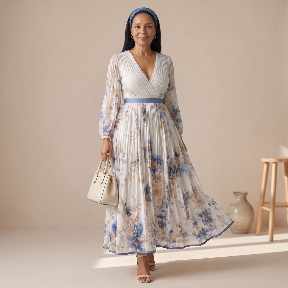 Women's Floral Pleated Wrap-Style Long-Sleeve Midi Dress - White
