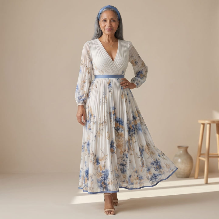 Women's Floral Pleated Wrap-Style Long-Sleeve Midi Dress