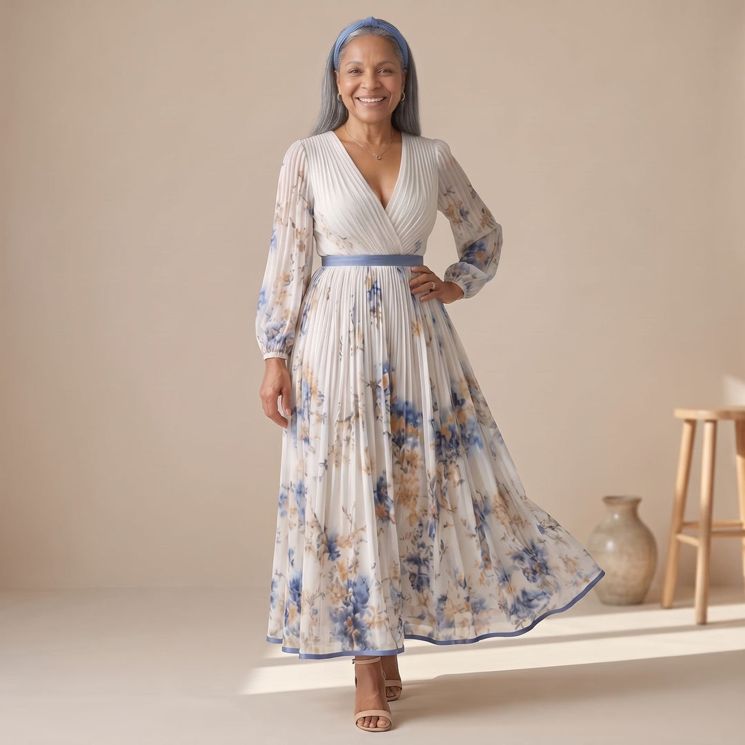 Women's Floral Pleated Wrap-Style Long-Sleeve Midi Dress
