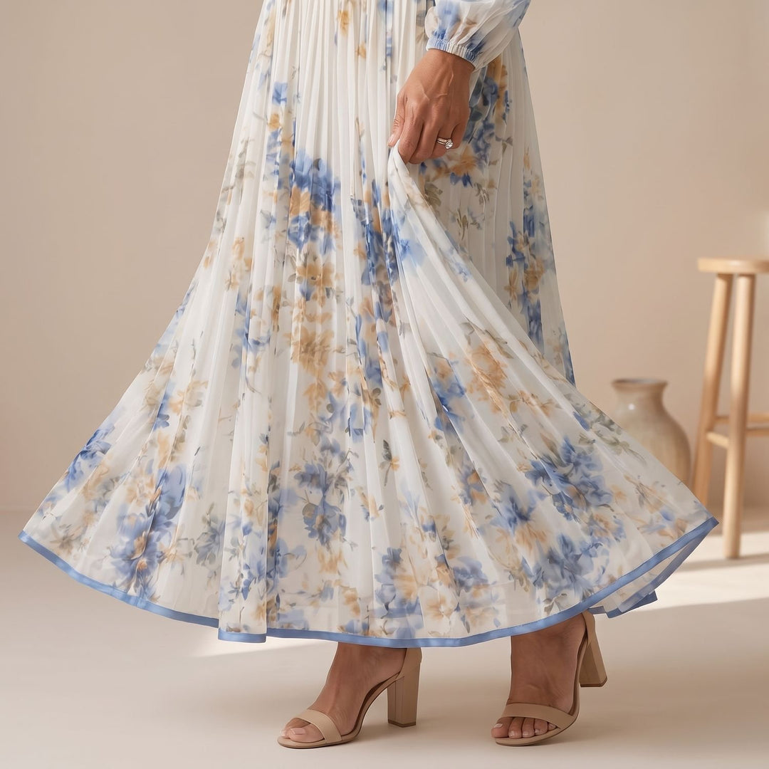 Women's Floral Pleated Wrap-Style Long-Sleeve Midi Dress