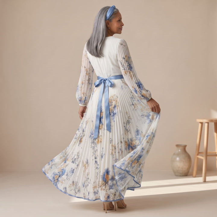 Women's Floral Pleated Wrap-Style Long-Sleeve Midi Dress