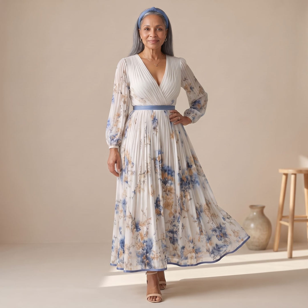 Women's Floral Pleated Wrap-Style Long-Sleeve Midi Dress