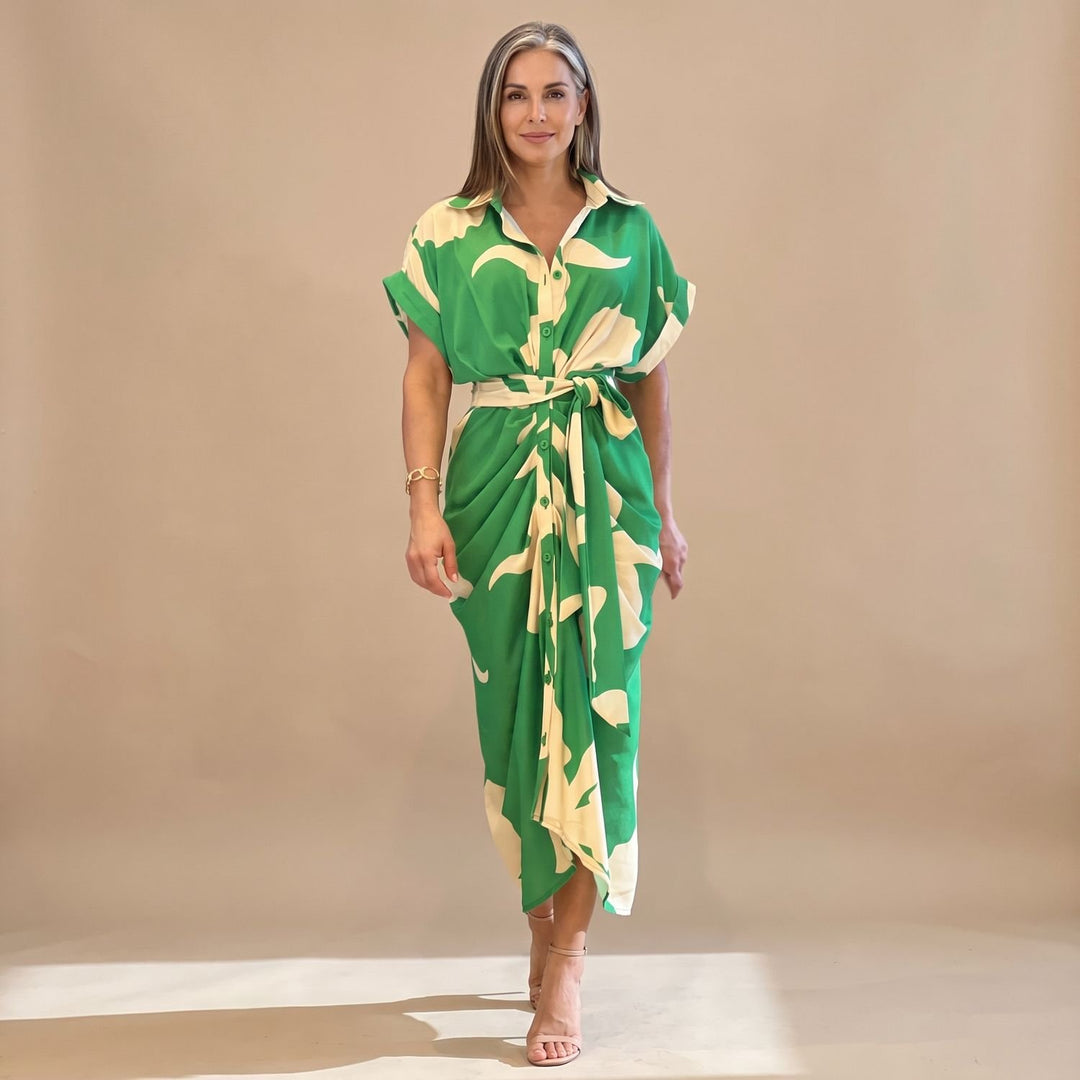 Women's Floral Print Button-Up Belted Wrap Maxi Dress - Green