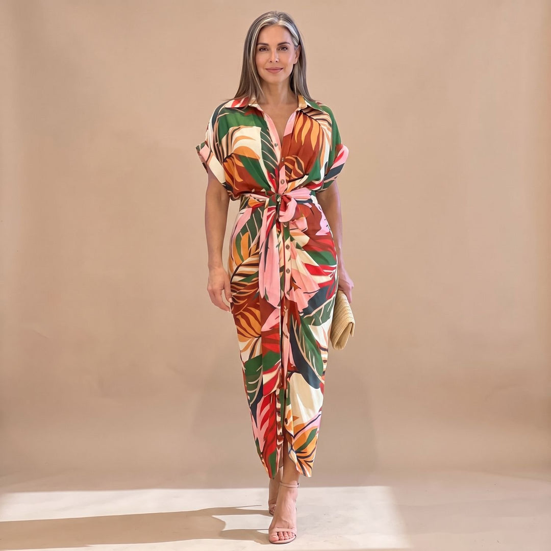 Women's Floral Print Button-Up Belted Wrap Maxi Dress - Multicolor