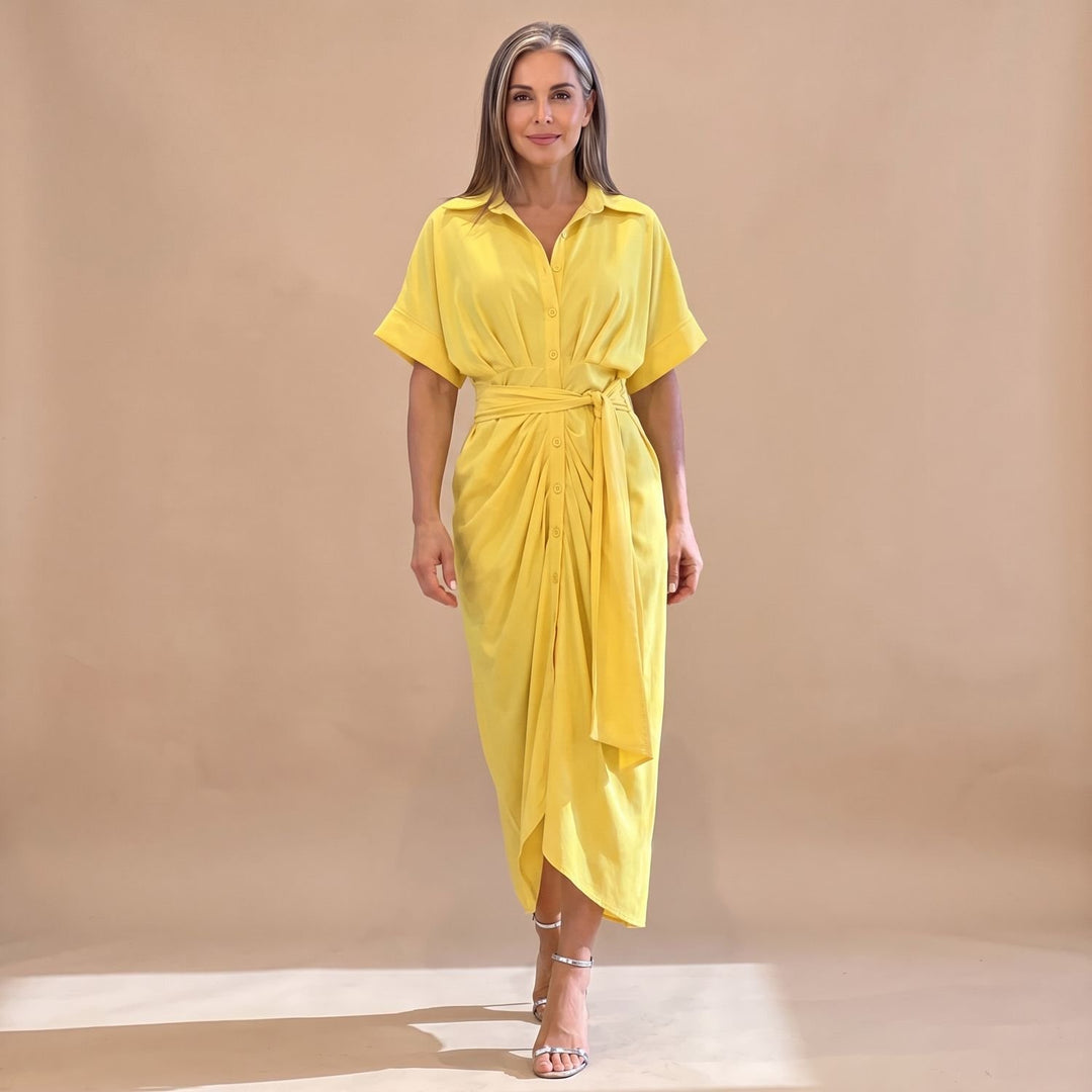 Women's Floral Print Button-Up Belted Wrap Maxi Dress - Yellow