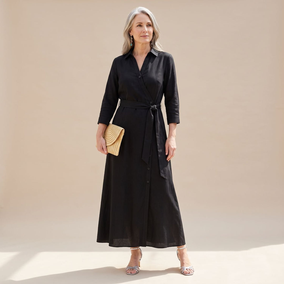 Women's Floral Print Button-Up Belted Wrap Maxi Dress - Black