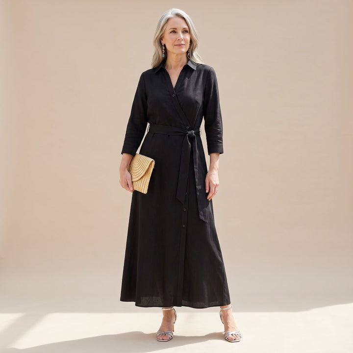 Women's Floral Print Button-Up Belted Wrap Maxi Dress - Black