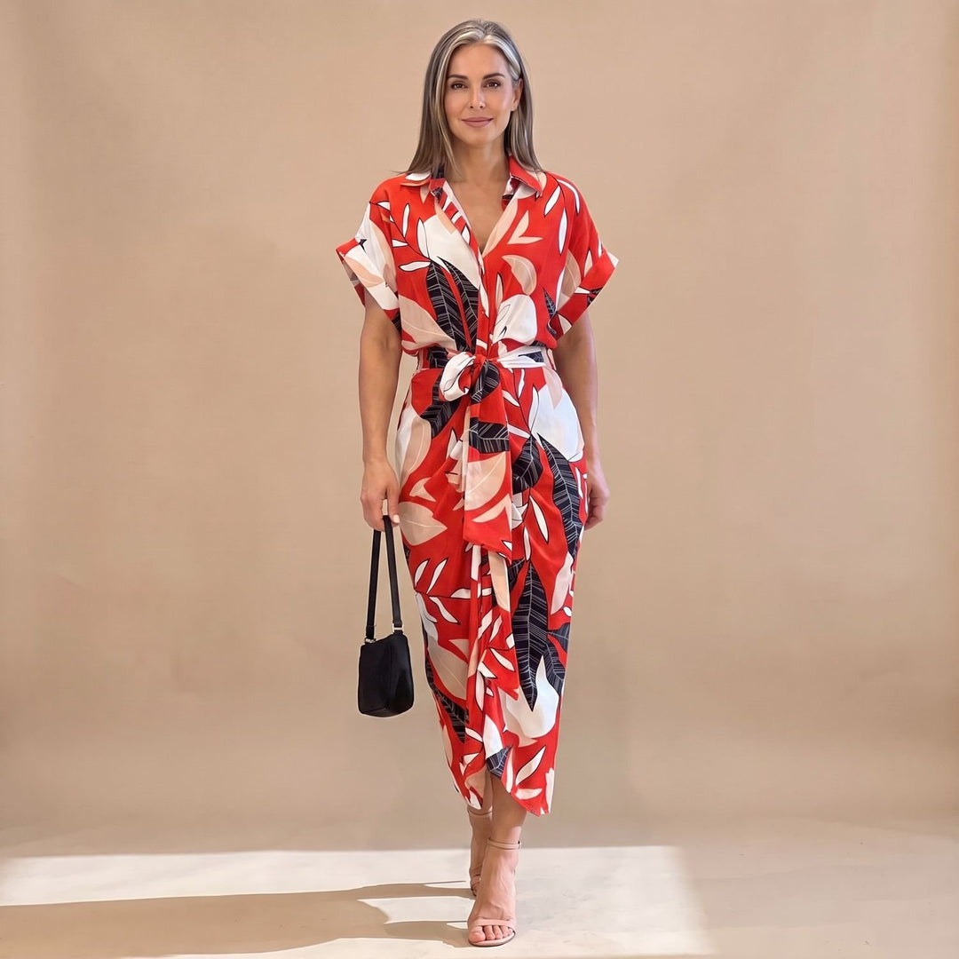 Women's Floral Print Button-Up Belted Wrap Maxi Dress - Red