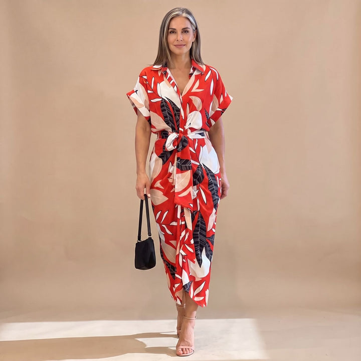 Women's Floral Print Button-Up Belted Wrap Maxi Dress - Red