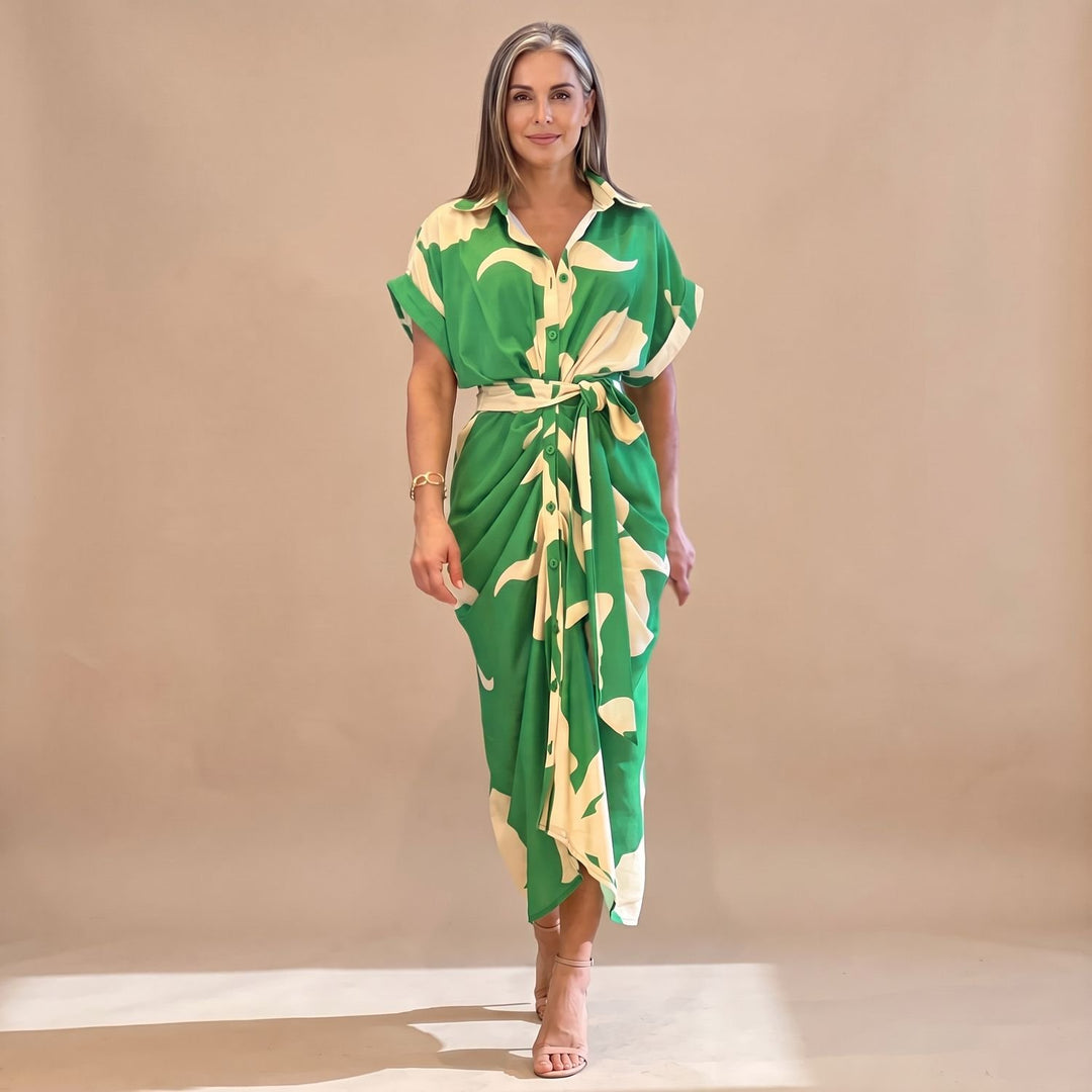 Women's Floral Print Button-Up Belted Wrap Maxi Dress - Light Green
