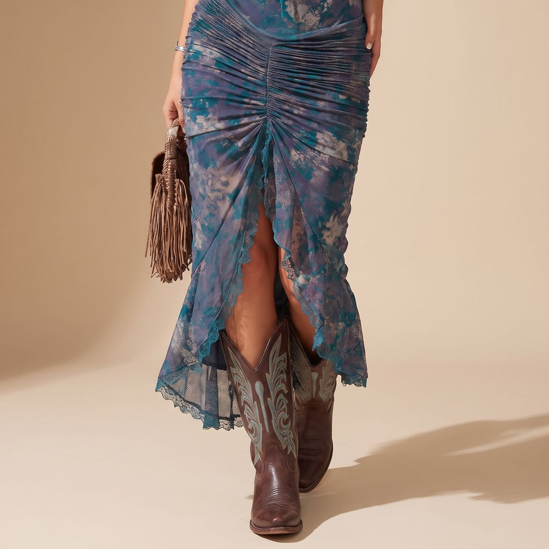 Women's Floral Print Lace Trim Ruched Midi Dress