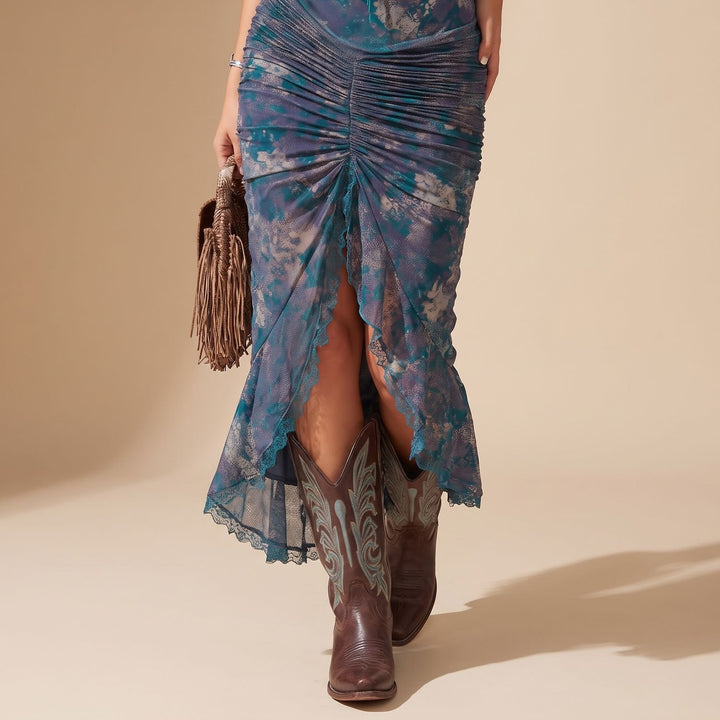 Women's Floral Print Lace Trim Ruched Midi Dress