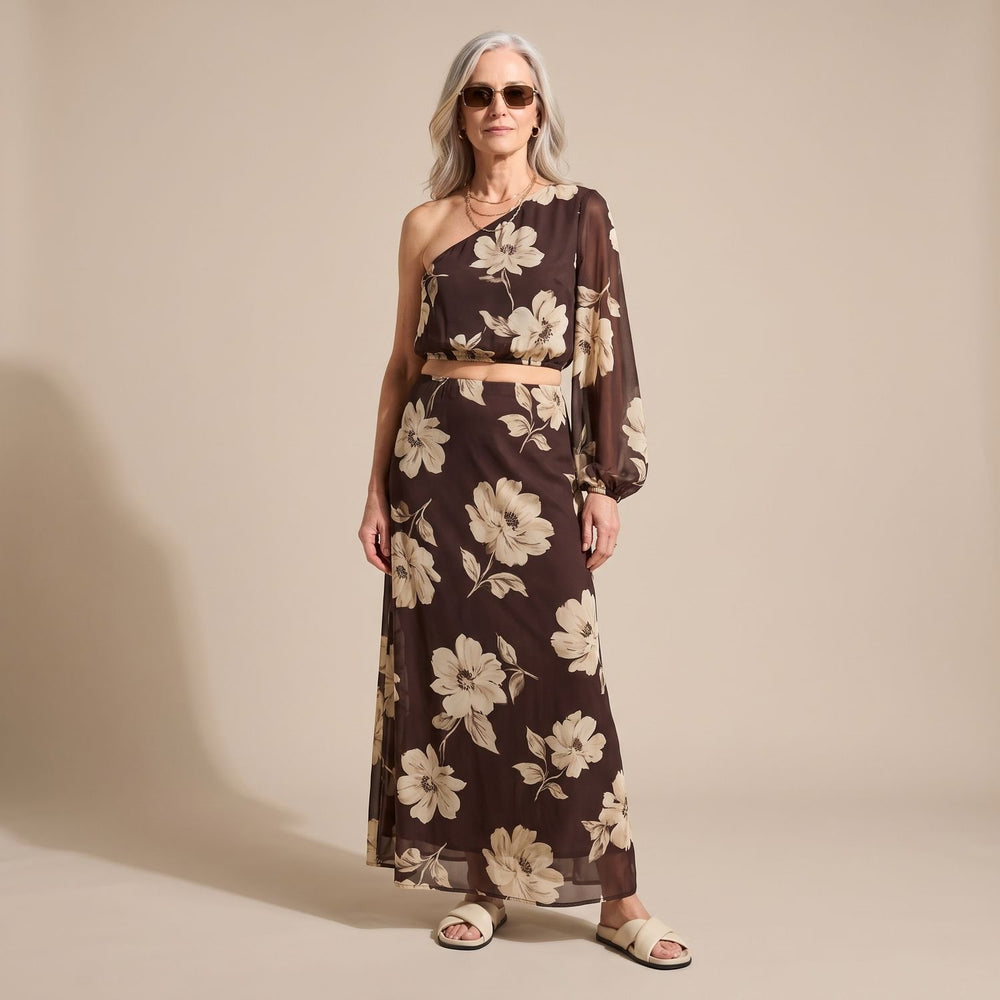 Women's Floral Print One-Shoulder Two Piece Set Crop Top Maxi Skirt
