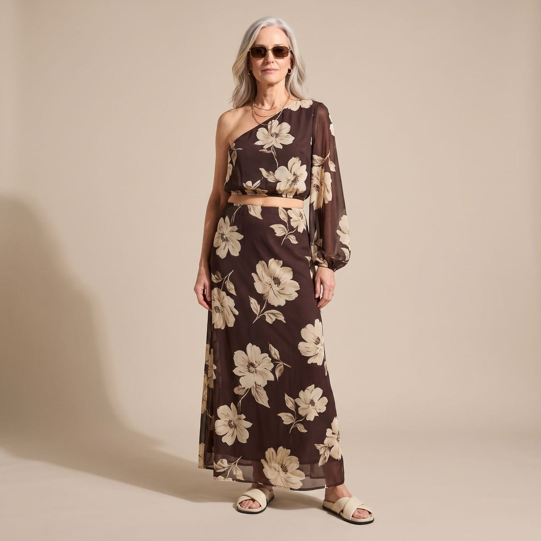Women's Floral Print One-Shoulder Two Piece Set Crop Top Maxi Skirt