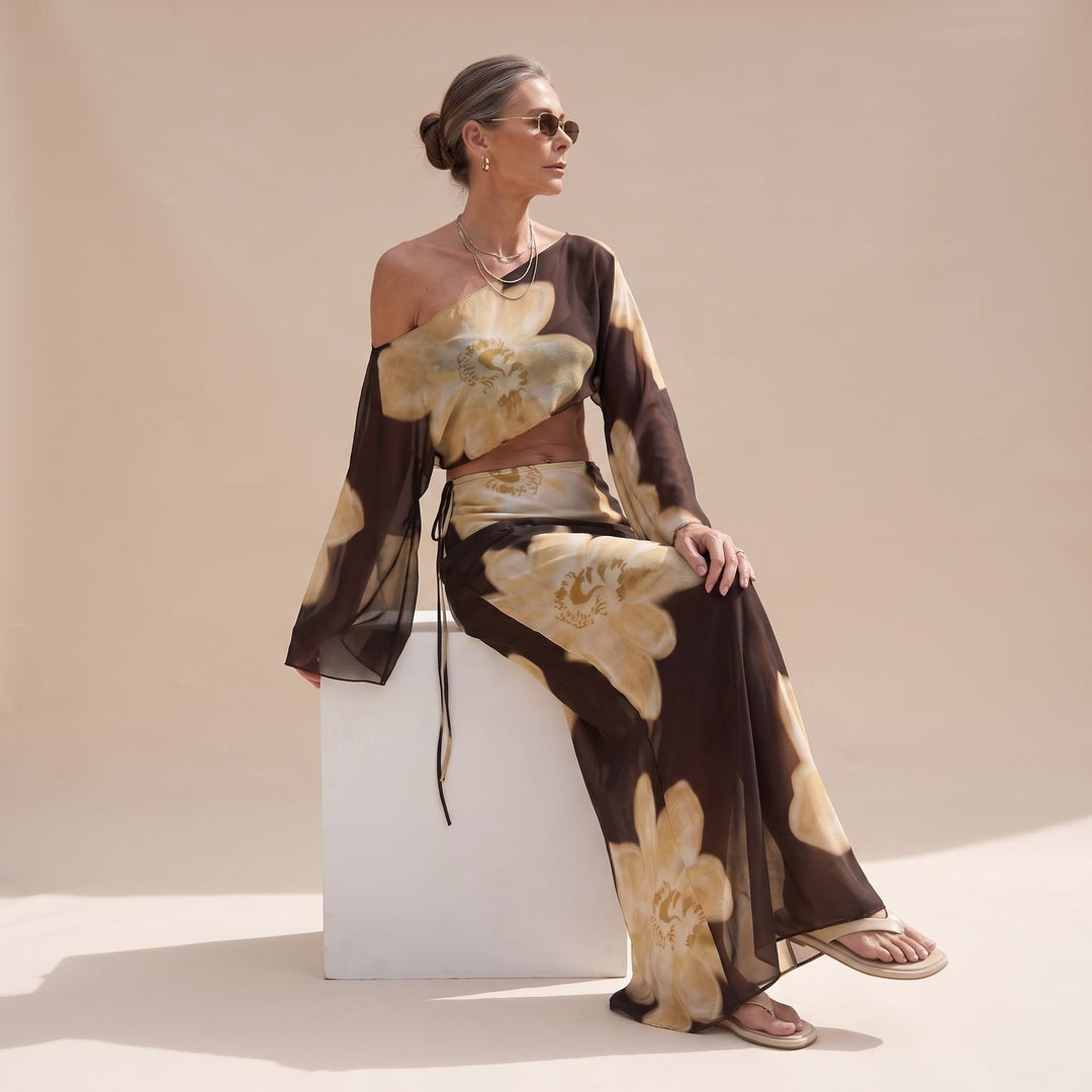 Women's Floral Print One-Shoulder Two Piece Set Crop Top Maxi Skirt