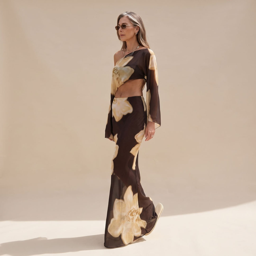 Women's Floral Print One-Shoulder Two Piece Set Crop Top Maxi Skirt