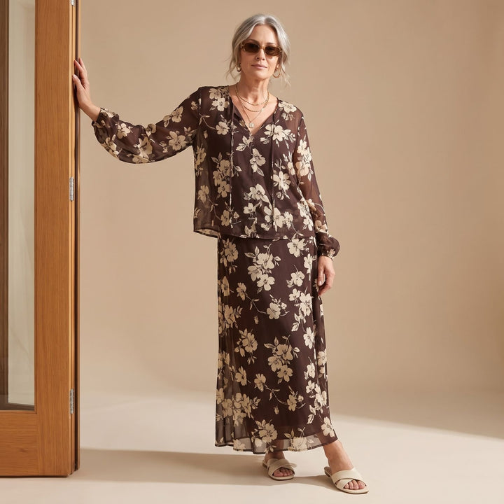 Women's Floral Print One-Shoulder Two Piece Set Crop Top Maxi Skirt - Brown