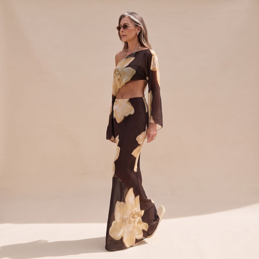 Women's Floral Print One-Shoulder Two Piece Set Crop Top Maxi Skirt