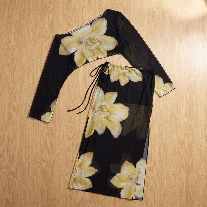 Women's Floral Print One-Shoulder Two Piece Set Crop Top Maxi Skirt
