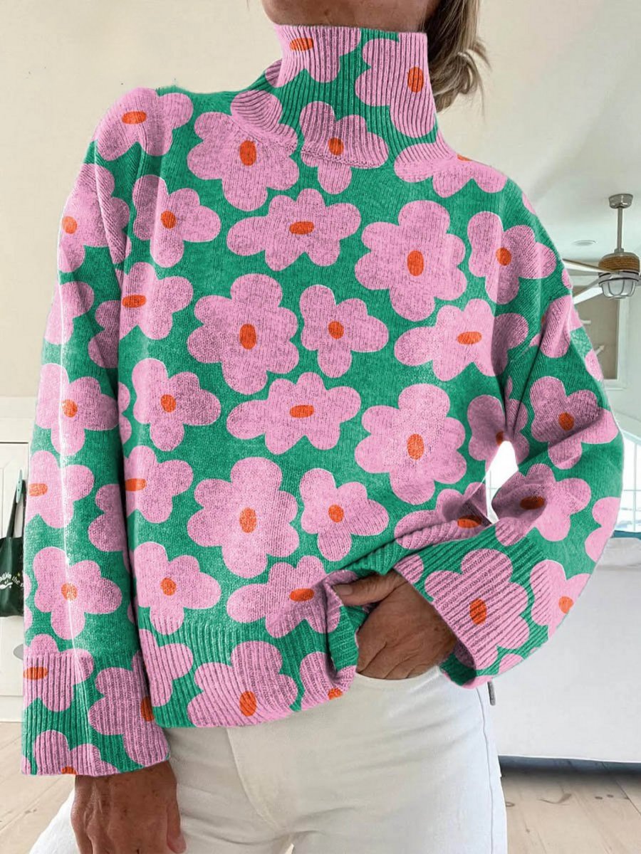 Women's Floral Print Relaxed-Fit Turtleneck Sweater - Multicolor