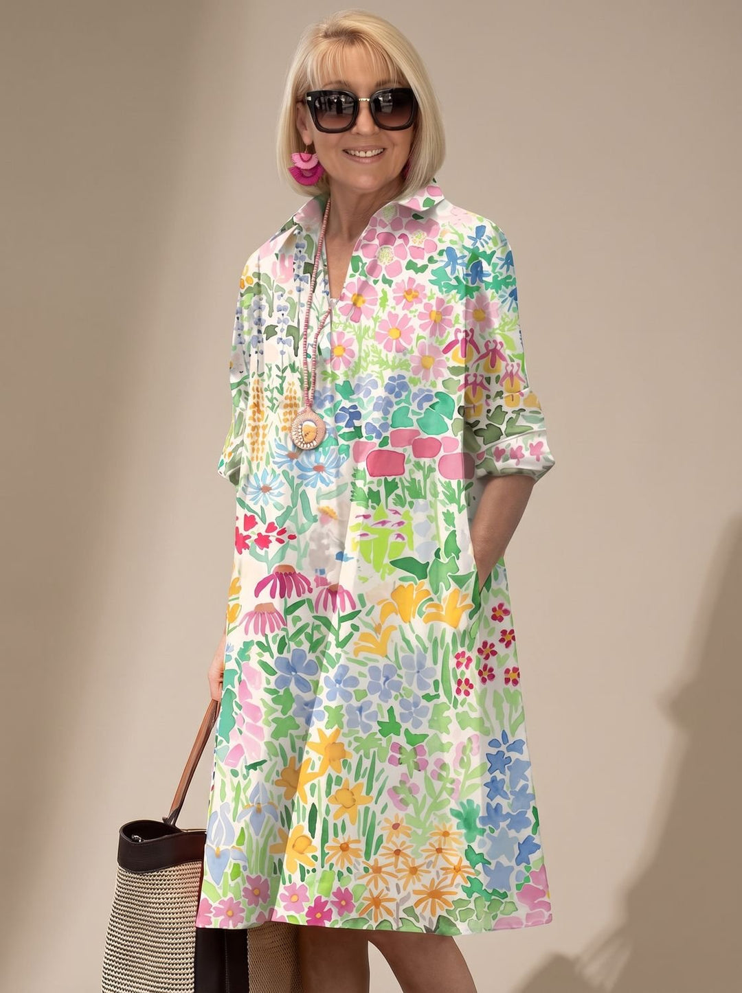 Women's Floral Print Relaxed Oversized Dress V-Neck - Multicolored Floral