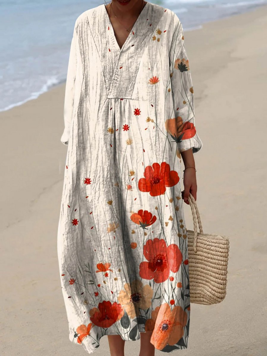 Women's Floral Print Relaxed Oversized Dress V-Neck Maxi - Multicolor