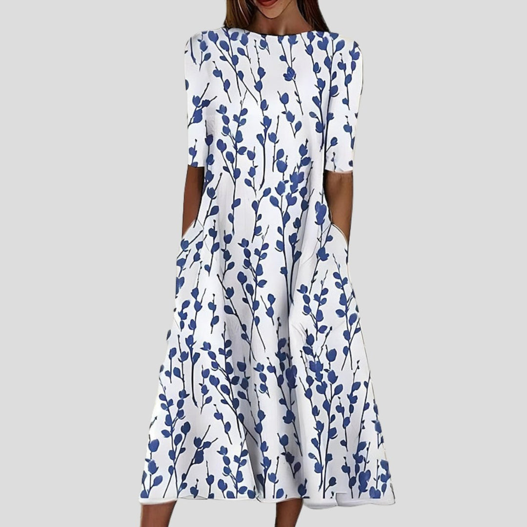 Women's Floral Print Short Sleeve A-Line Midi Dress Pockets