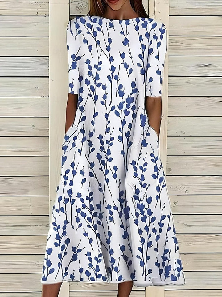 Women's Floral Print Short Sleeve A-Line Midi Dress Pockets - Blue