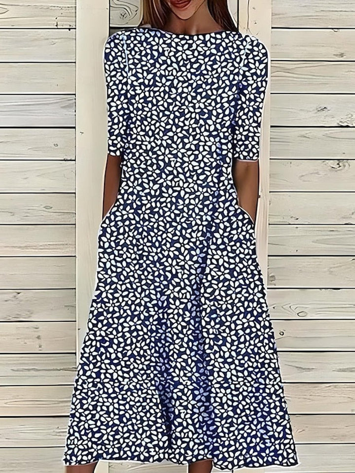Women's Floral Print Short Sleeve A-Line Midi Dress Pockets - Navy Blue