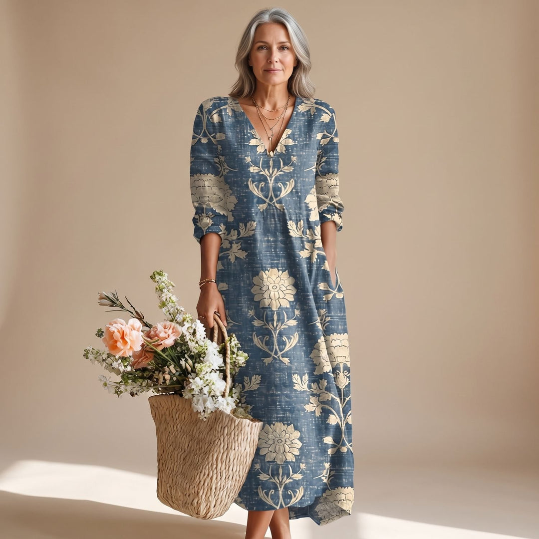 Women's Floral Print V-Neck Long Sleeve Maxi Dress - Dress