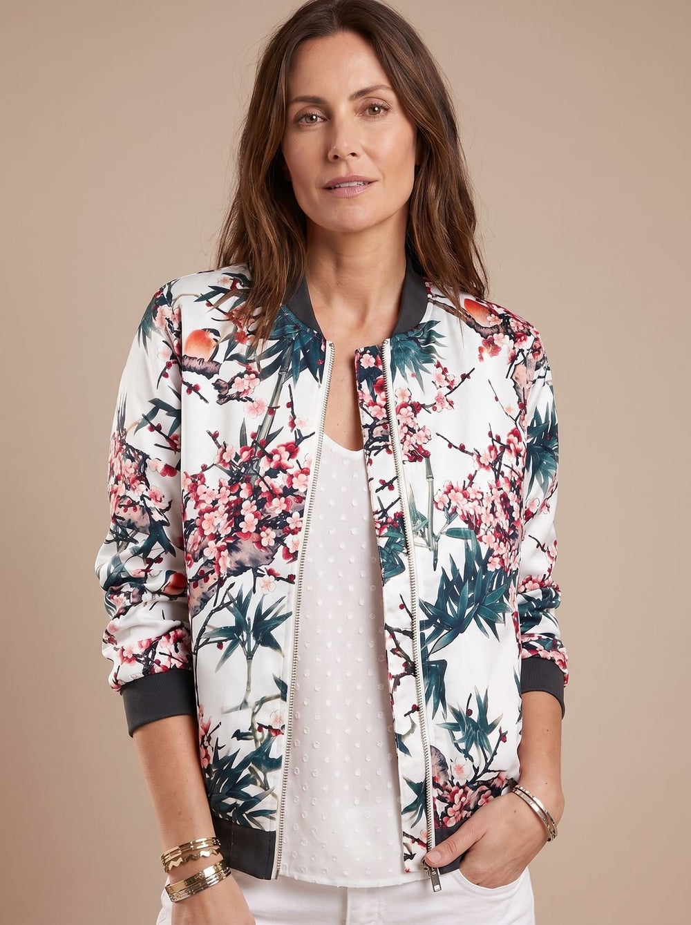 Women's Floral Print Zip-Up Bomber Jacket - White