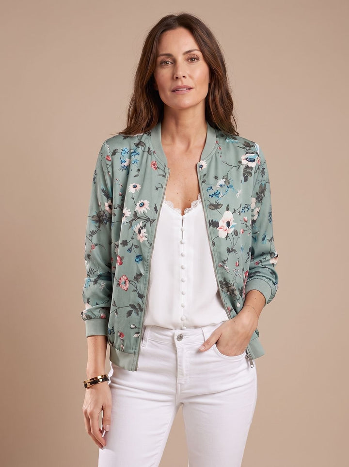 Women's Floral Print Zip-Up Bomber Jacket - Green