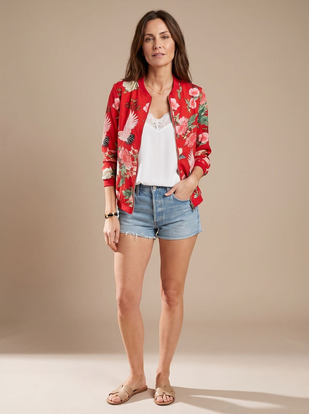 Women's Floral Print Zip-Up Bomber Jacket - Red