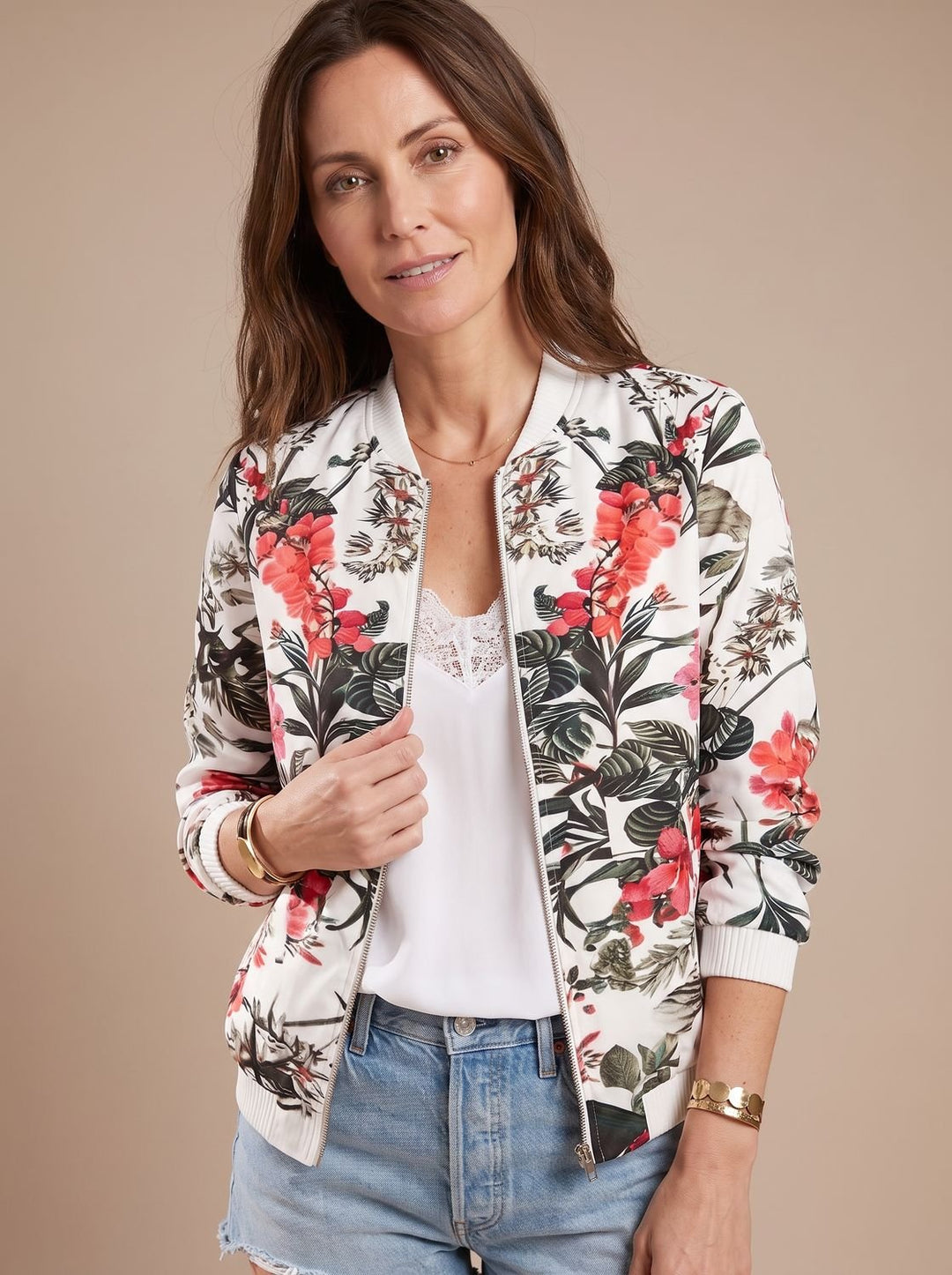 Women's Floral Print Zip-Up Bomber Jacket - Off-White