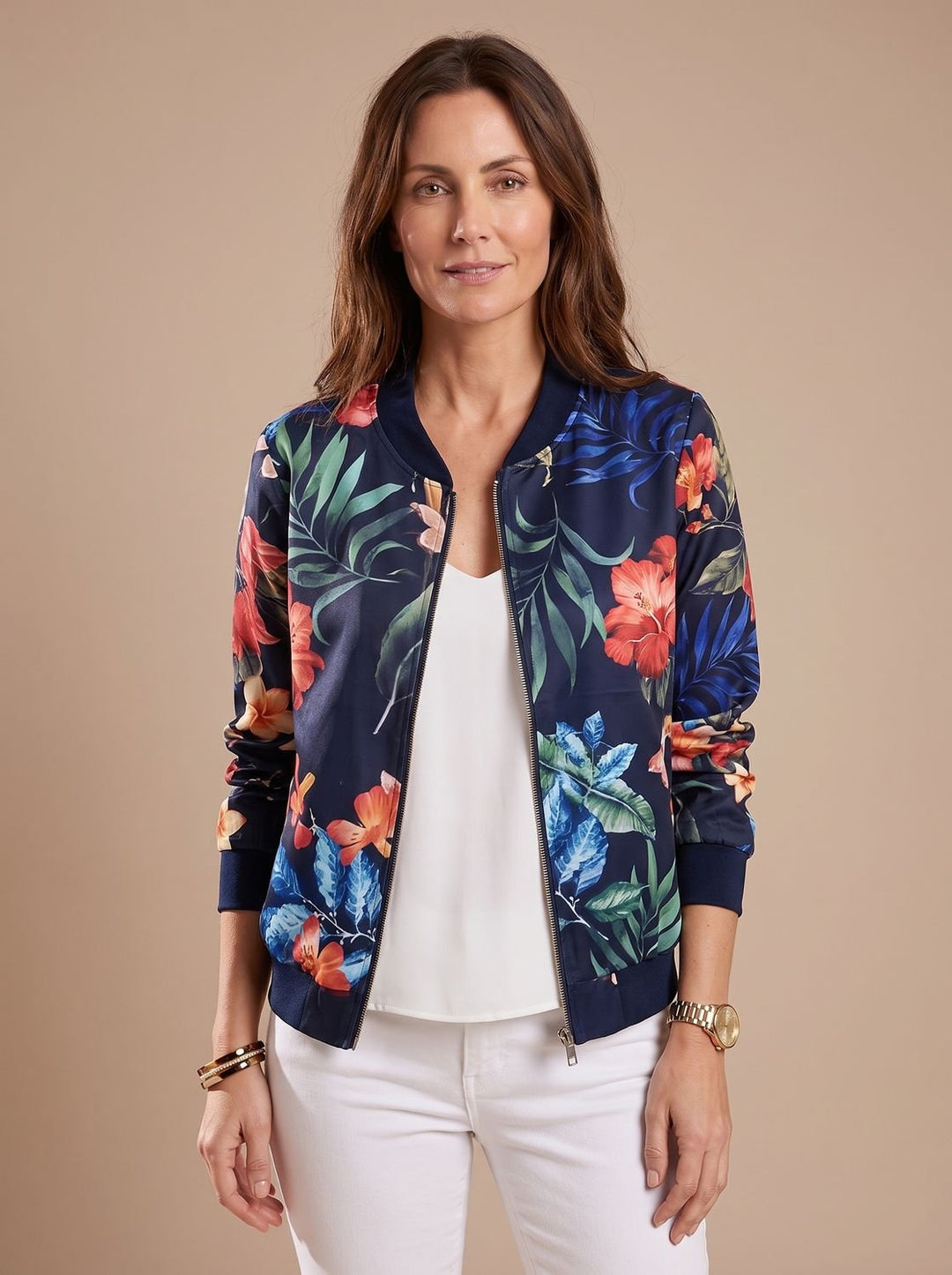Women's Floral Print Zip-Up Bomber Jacket - Blue