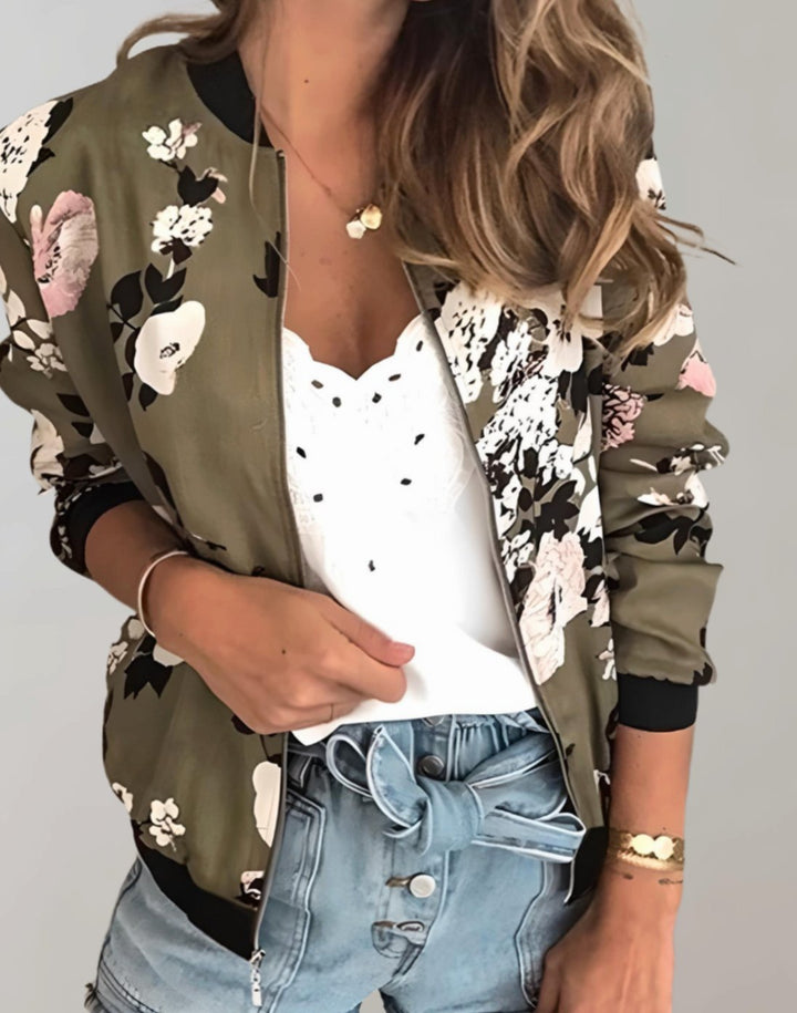 Women's Floral Print Zip-Up Bomber Jacket, White - Army Green