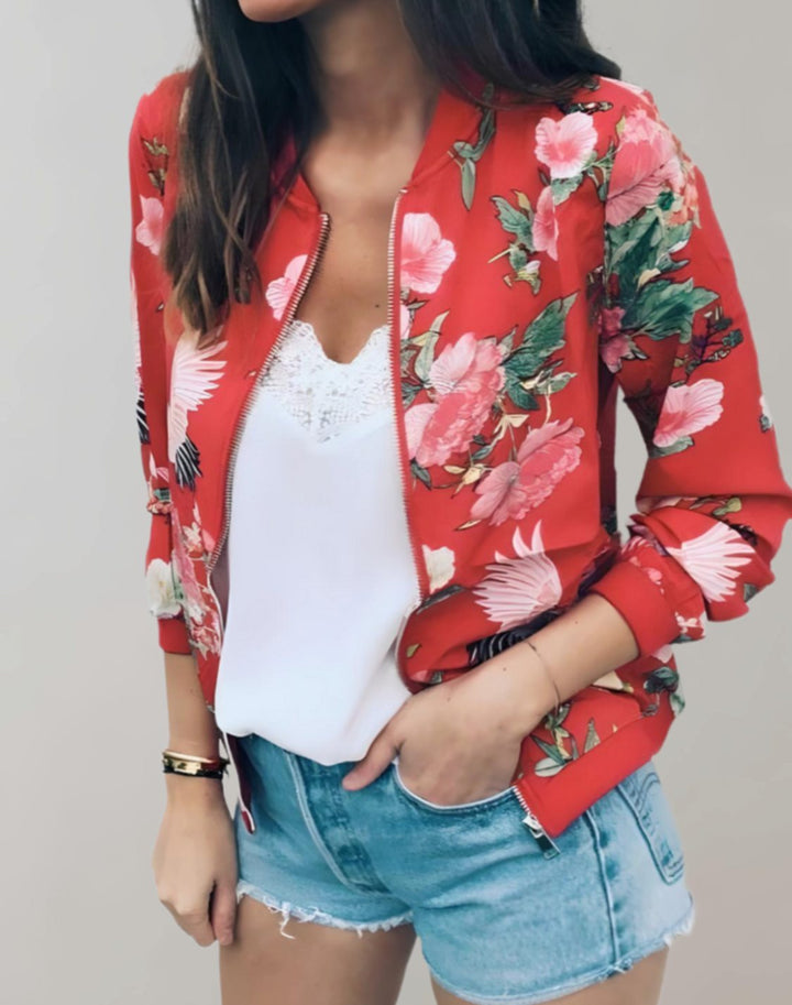 Women's Floral Print Zip-Up Bomber Jacket, White - Red