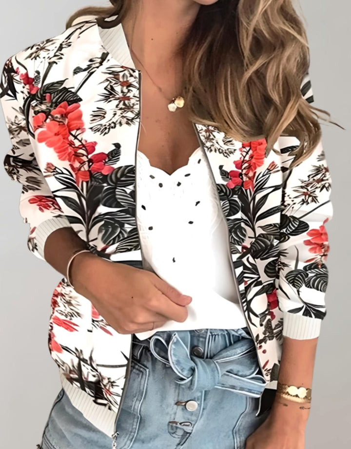 Women's Floral Print Zip-Up Bomber Jacket, White - Off-White