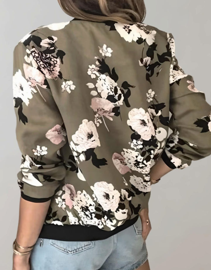 Women's Floral Print Zip-Up Bomber Jacket, White