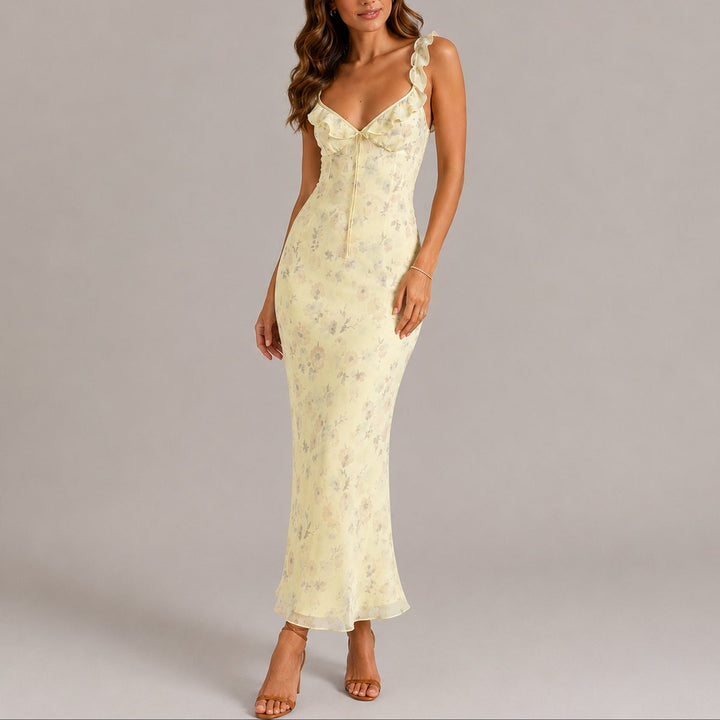 Women's Floral Ruffle Strap Fitted Fall Wedding Guest Maxi Dress - Yellow