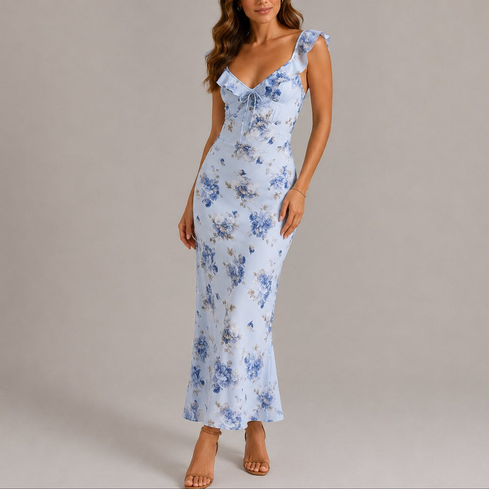 Women's Floral Ruffle Strap Fitted Fall Wedding Guest Maxi Dress - Blue