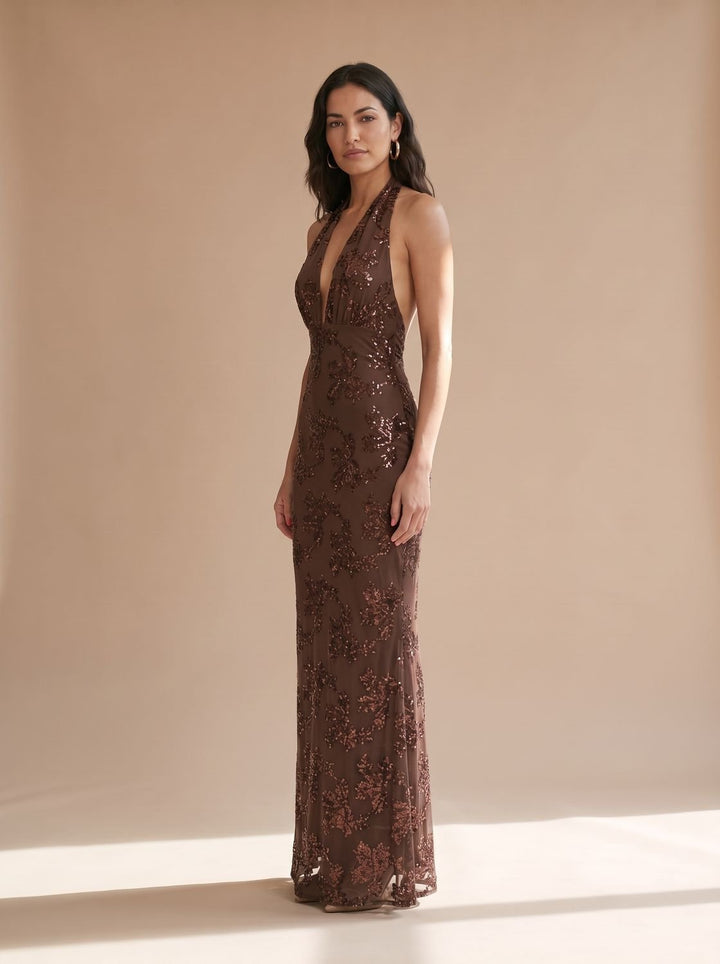 Women's Floral Sequin Maxi Dress Deep V Halter Neck