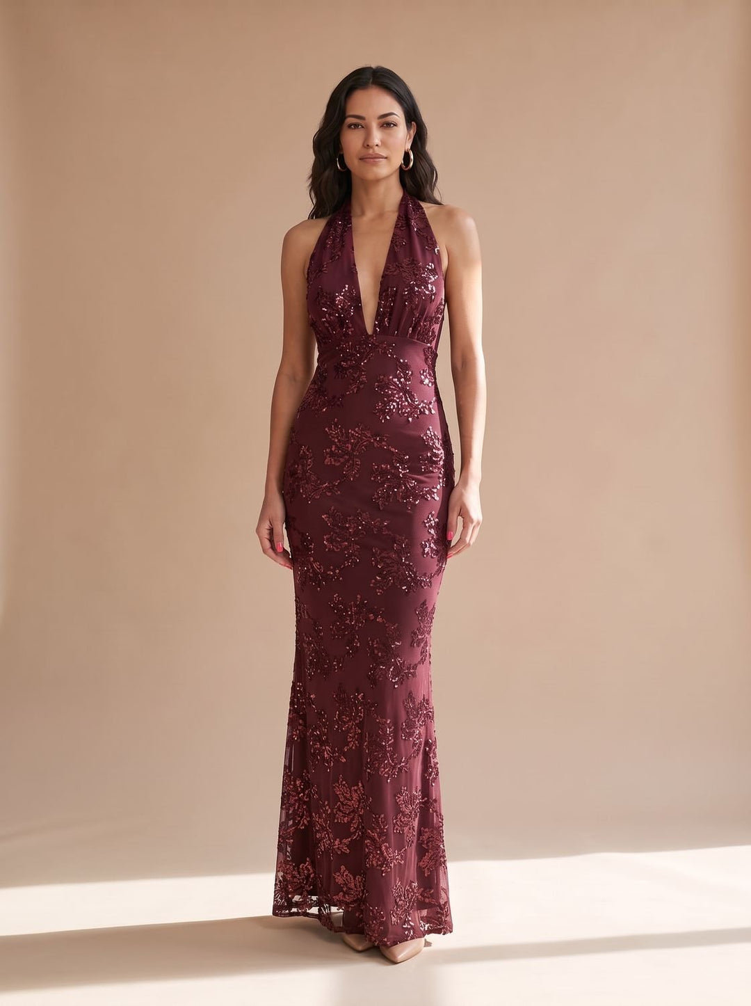 Women's Floral Sequin Maxi Dress Deep V Halter Neck - Red