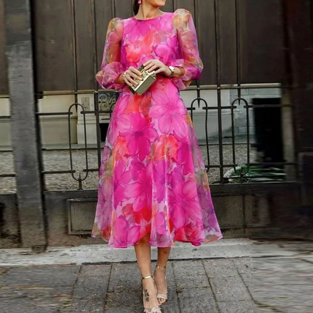 Women's Floral Sheer Long-Sleeve Midi Wedding Guest Dress - Pink